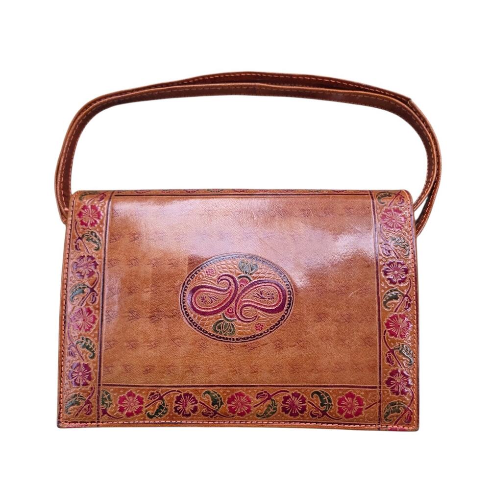 Vintage Shoulder Bag Womens Brown Leather Hand Painted Floral Purse Boho